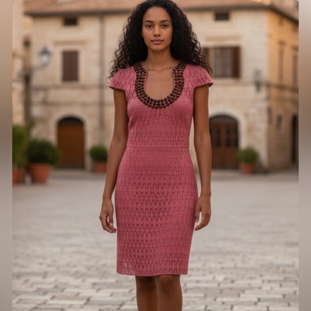 Trina Turk crochet lace embellished dress in a pink/coral